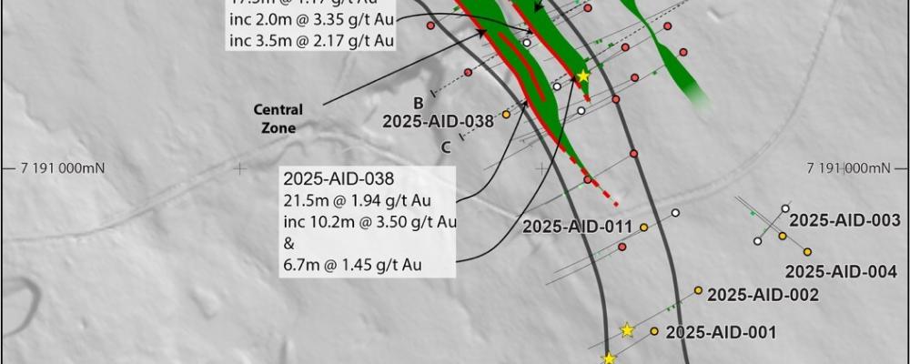 Plan map of the 2025 Aida drill program with mafic host units outlined within the Aida shear corridor. (CNW Group/First Nordic Metals Corp.)
