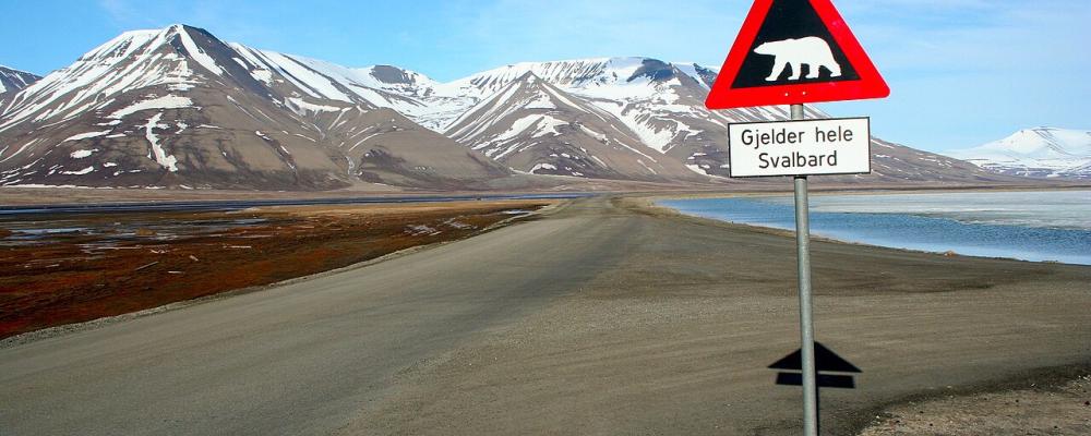 Road sign in Svalbard in the Arctic. Melting Antarctic ice could eventually expose even here significant mineral resources.  Photo: Wikipedia Commons license. Credit: Sprok