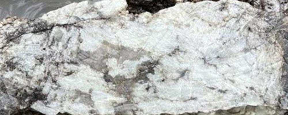 Spodumene-bearing pegmatite, grab sample E00105637 grading 5.11% Li2O. Photo: CNW Group/Rock Tech Lithium Inc.)
