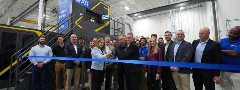 Joining ATI employees and local and community leaders for the commissioning of the new ATI Additive Manufacturing Products facility in Margate, Florida, are (center) Kim Fields, ATI President and CEO; Joe Thompson, General Manager of ATI Additive Manufacturing Products; as ATI CFO Don Newman and Doug Hedges, Plant Manager of ATI Additive Manufacturing Products, look on. Photo: PRNewsfoto/Allegheny Technologies