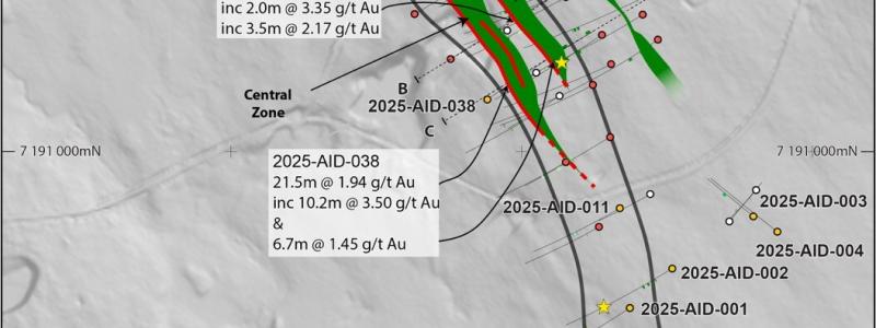Plan map of the 2025 Aida drill program with mafic host units outlined within the Aida shear corridor. (CNW Group/First Nordic Metals Corp.)