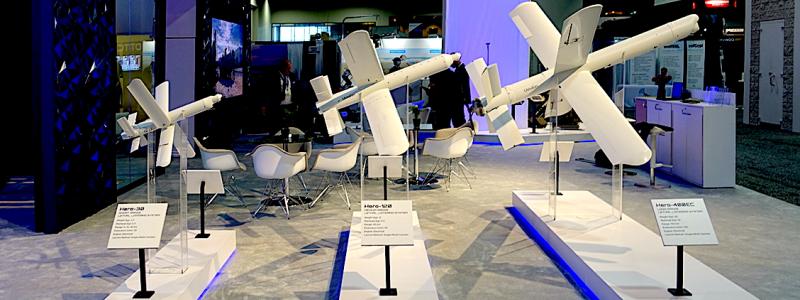 Double X-shaped loitering munition models (so-called kamikaze drones) HERO 30, HERO 120 and HERO 400EC were developed by UVision. Photo: Wikipedia Commons Lic. Credit: Millennium AC