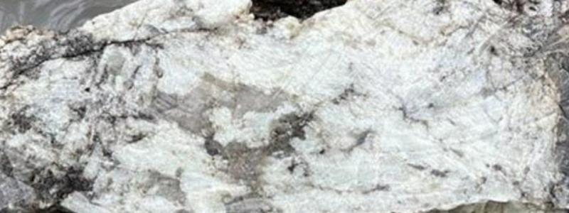 Spodumene-bearing pegmatite, grab sample E00105637 grading 5.11% Li2O. Photo: CNW Group/Rock Tech Lithium Inc.)