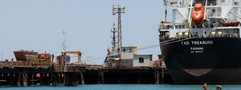 Truck prepares to load scrap steel onto the first of 10 shipments from the Gove demolition. Each ship will carry around 15,000 tonnes, or the equivalent of two Eiffel Towers of steel. Photo: Rio Tinto