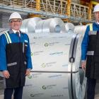 Voestalpine CEO Herbert Eibensteiner (left) and board member Hubert Zajicek present the company's latest steel development. Photo: Voestalpine AG.