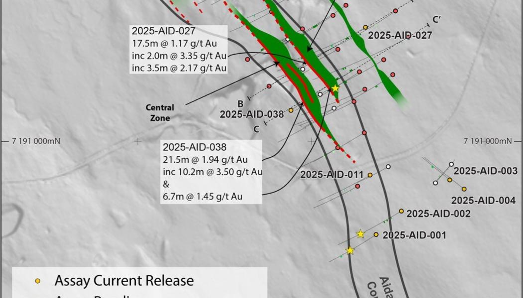 Plan map of the 2025 Aida drill program with mafic host units outlined within the Aida shear corridor. (CNW Group/First Nordic Metals Corp.)