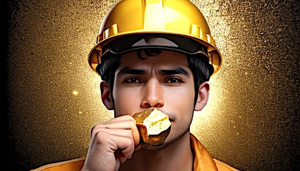 Miner with gold nugget. Arkivbild
