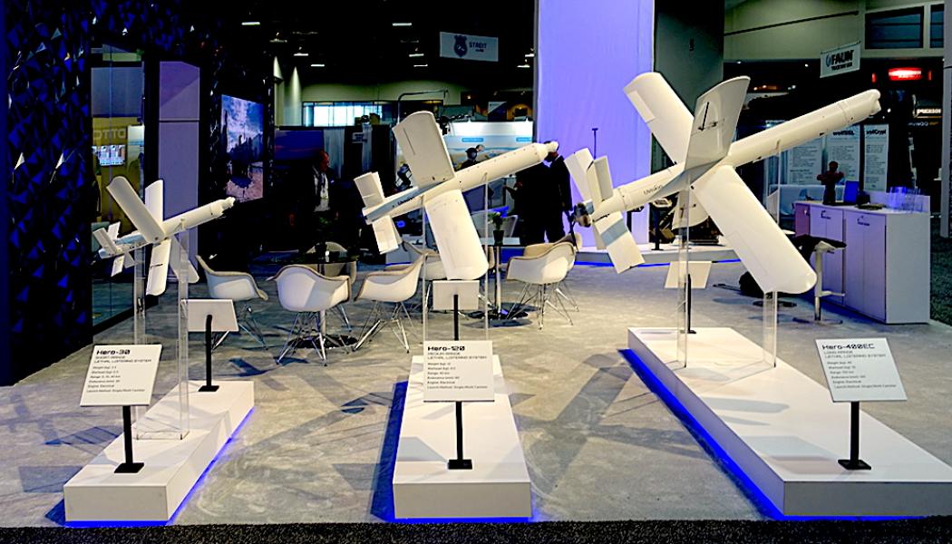 Double X-shaped loitering munition models (so-called kamikaze drones) HERO 30, HERO 120 and HERO 400EC were developed by UVision. Photo: Wikipedia Commons Lic. Credit: Millennium AC
