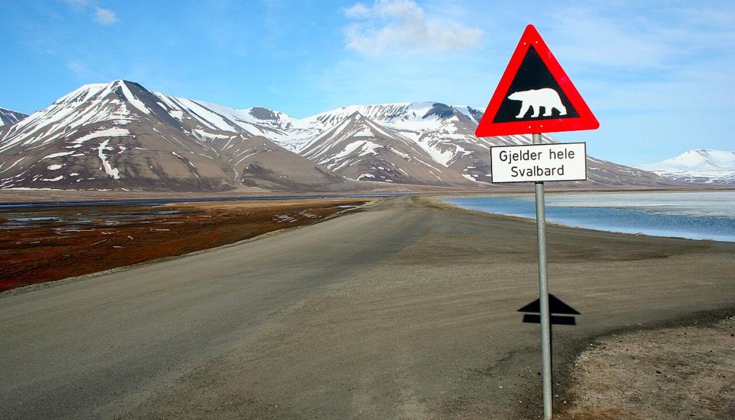 Road sign in Svalbard in the Arctic. Melting Antarctic ice could eventually expose even here significant mineral resources.  Photo: Wikipedia Commons license. Credit: Sprok