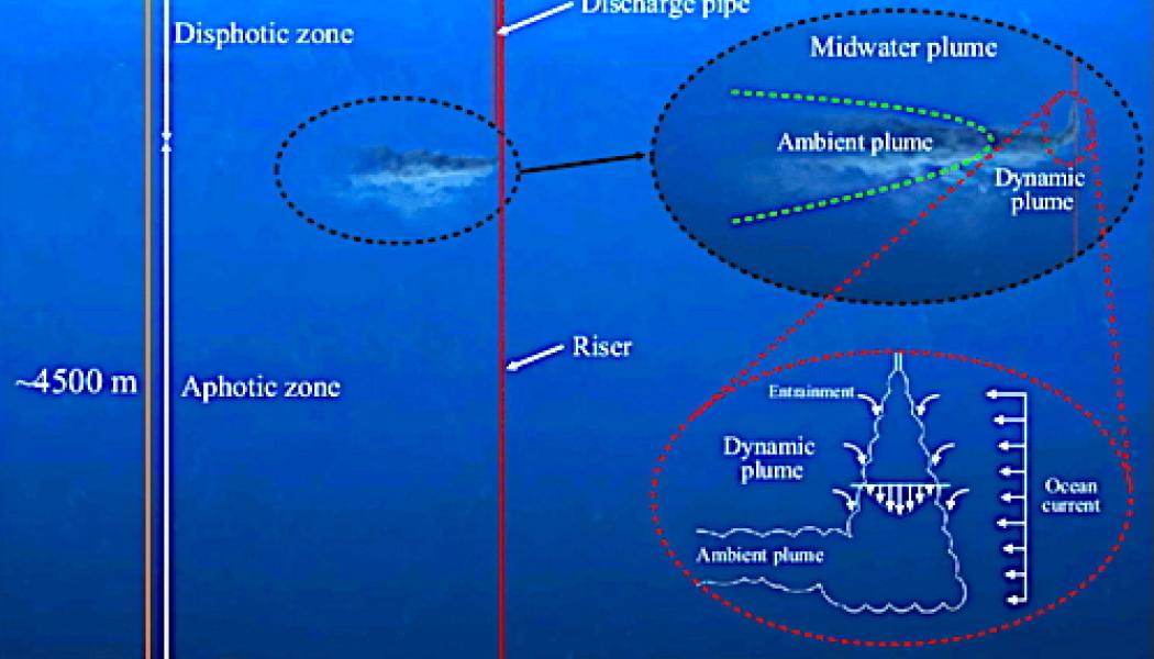 Schematic of a polymetallic nodule mining operation. From top to bottom, the three zoom-in panels illustrate the surface operation vessel, the midwater sediment plume, and the nodule collector operating on the seabed. The midwater plume comprises two stages: (i) the dynamic plume, in which the sediment-laden discharge water rapidly descends and dilutes to a neutral buoyancy depth, and (ii) the subsequent ambient plume that is advected by the ocean current and subject to background turbulence and settling.[1]   Image: Wikipedia Commons, Kredit: Carlos Muñoz-Royo.