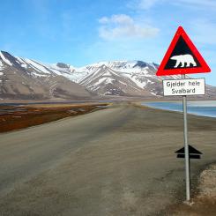 Road sign in Svalbard in the Arctic. Melting Antarctic ice could eventually expose even here significant mineral resources.  Photo: Wikipedia Commons license. Credit: Sprok